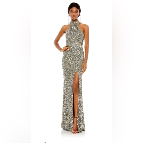 Mc Duggal Dresses & Skirts - NWT Mac Duggal Sequin Halter Open Back Platinum High Split Gown 6